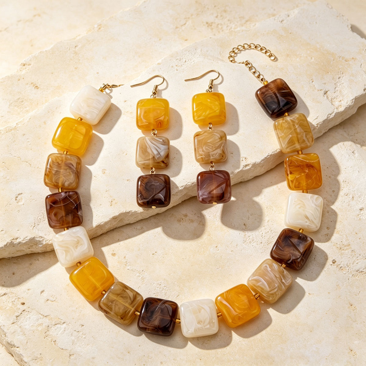 Women Retro Marbled Square Acrylic 2Pcs Jewelry Set, Caramel Amber Tone Beaded Choker Necklace Long Drop Earrings Gold Plated Spacers Fall Daily Gift