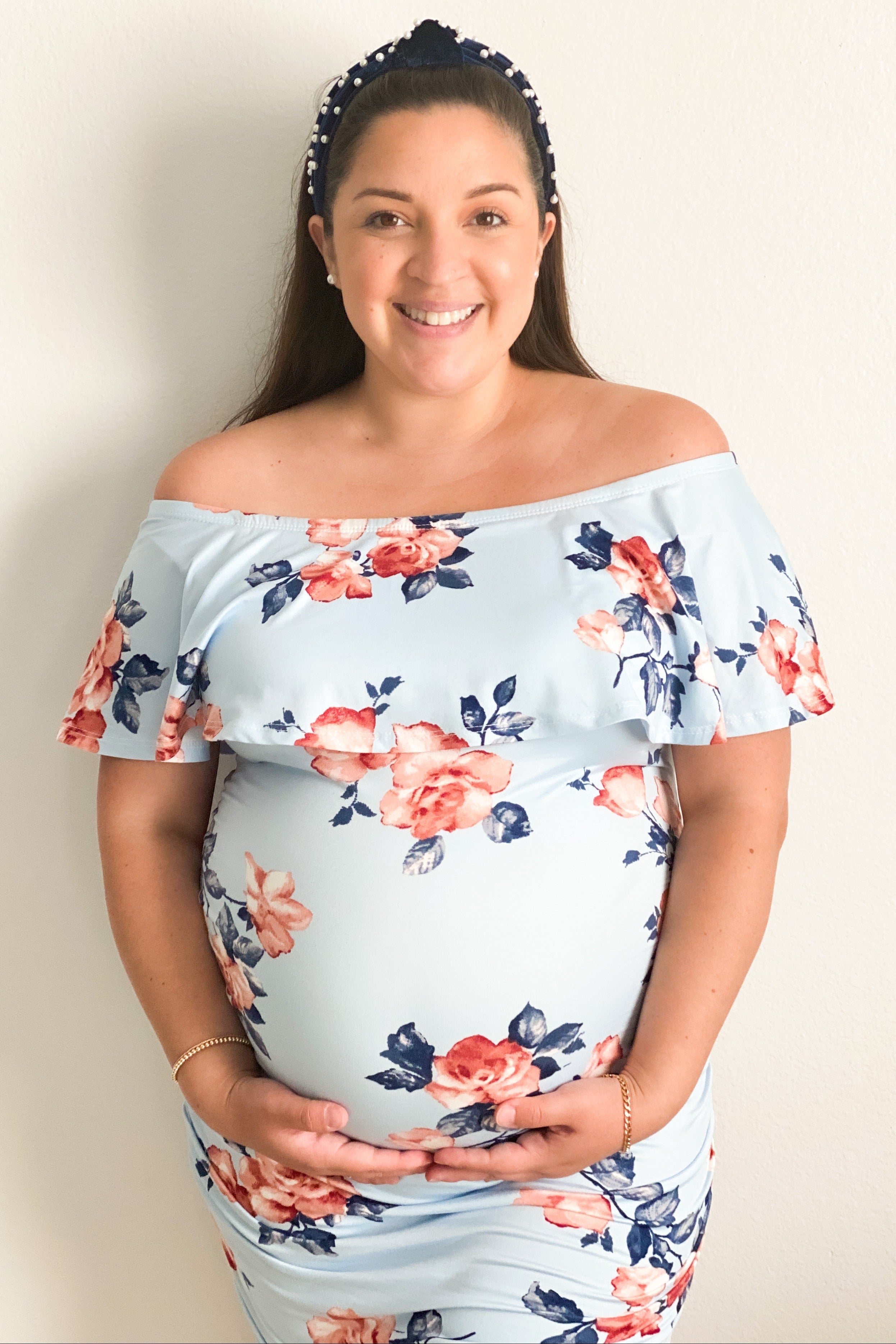 Light Blue Rose Print Ruffle Fitted Maternity Dress