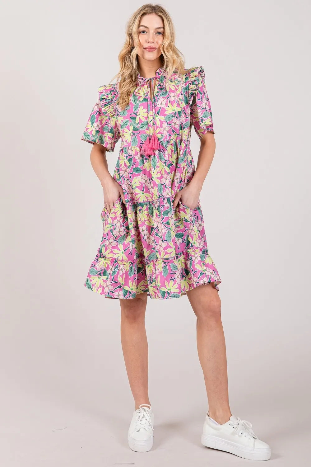 SAGE + FIG Floral Ruffle Cotton Mini Dress | Short Sleeve