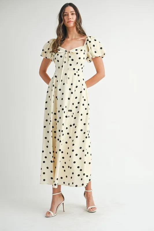 Vintage Polka Dot Puff Sleeve Midi Dress with Retro Flutter