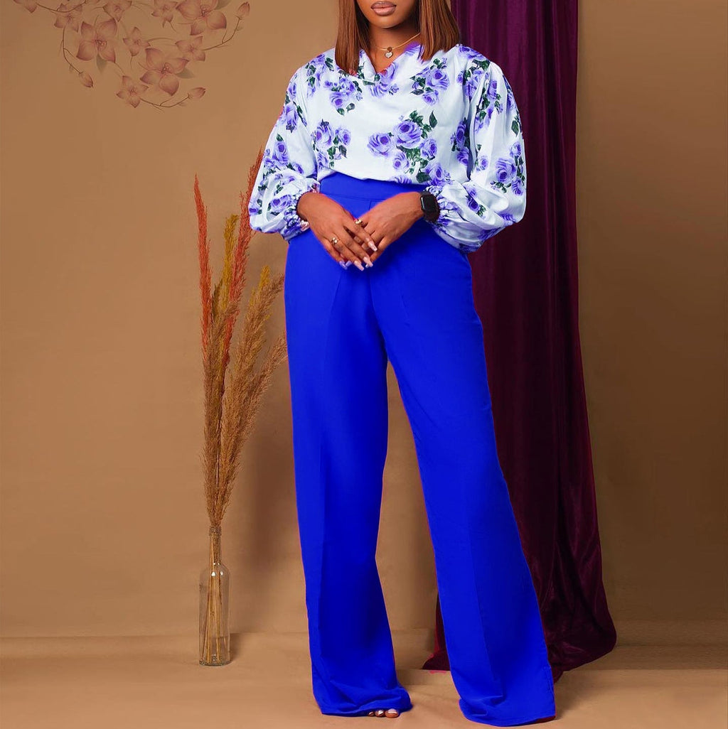 Printed Floral Blouse and Wide-Leg Pants Set