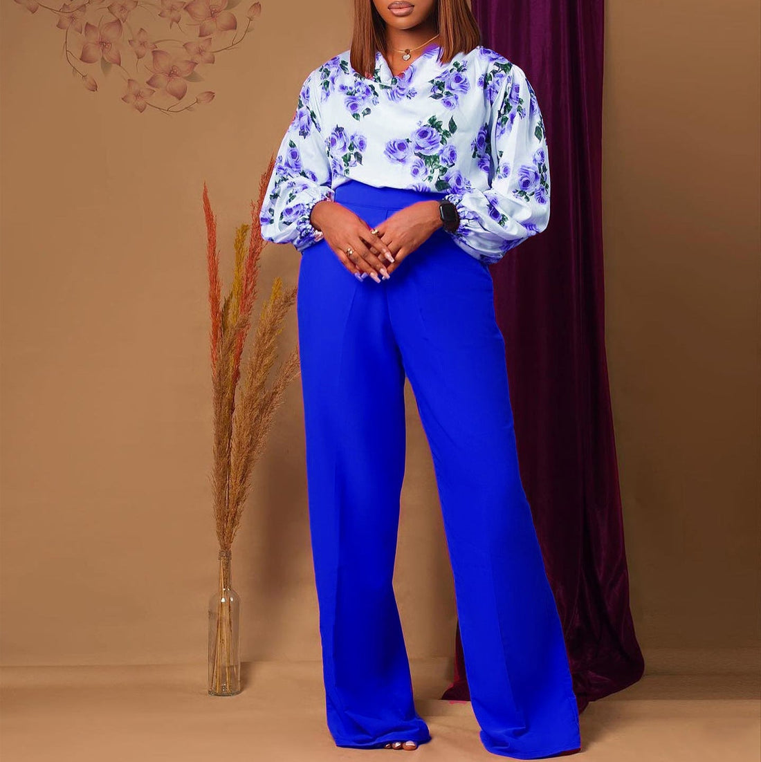 Printed Floral Blouse and Wide-Leg Pants Set