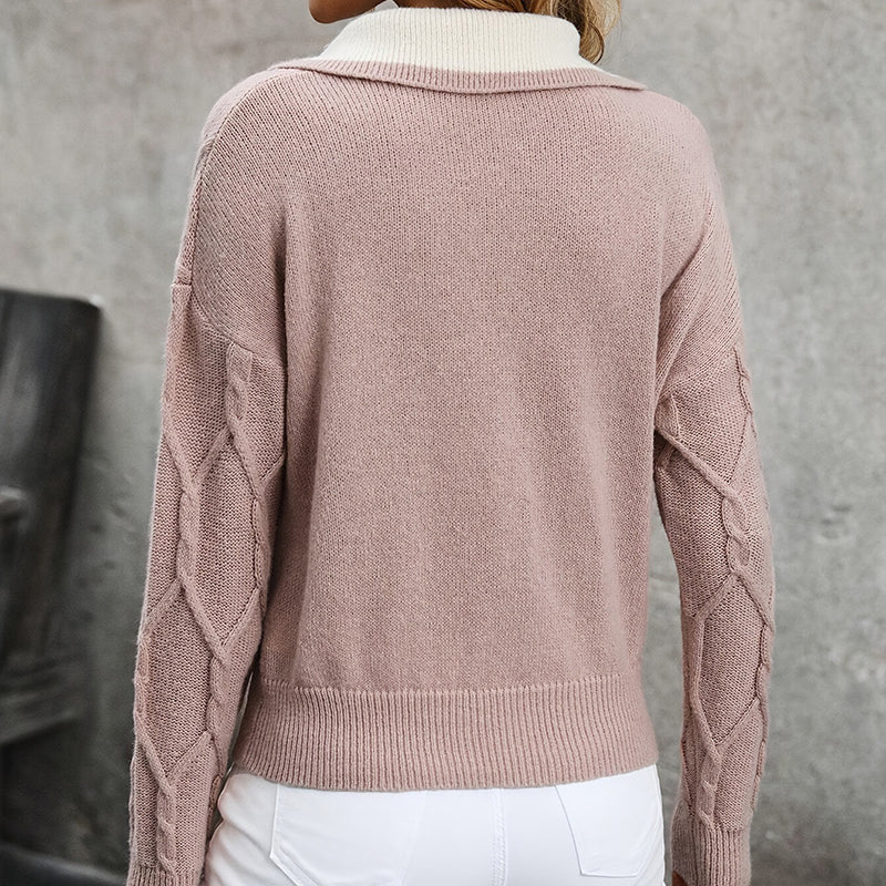 Women’s Cable Knit V-Neck Lapel Pullover Sweater in Mauve - Image 2