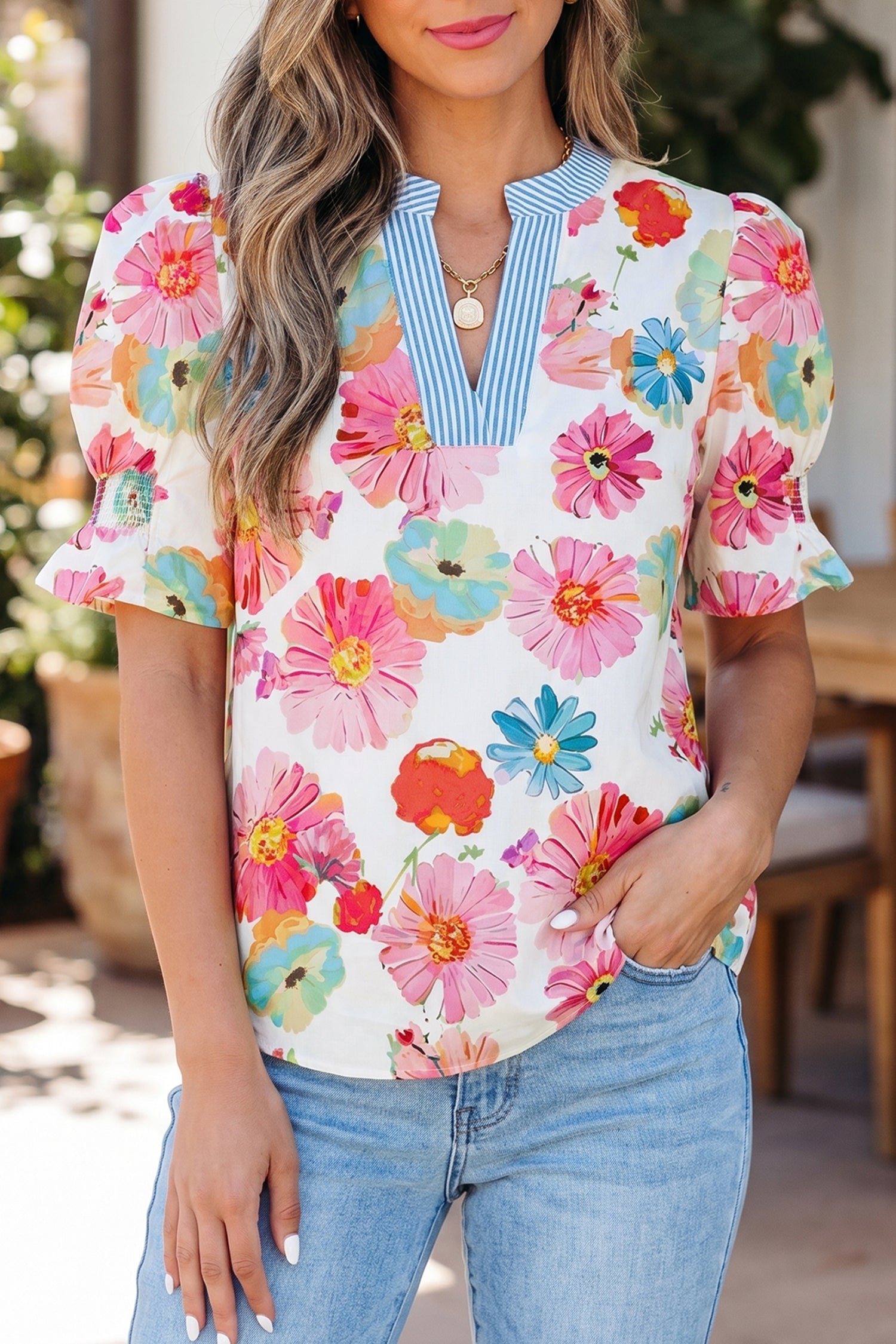Alma Floral Blouse with striped trim collar, smocked cuffs, and puff sleeves in pink, white, and blue