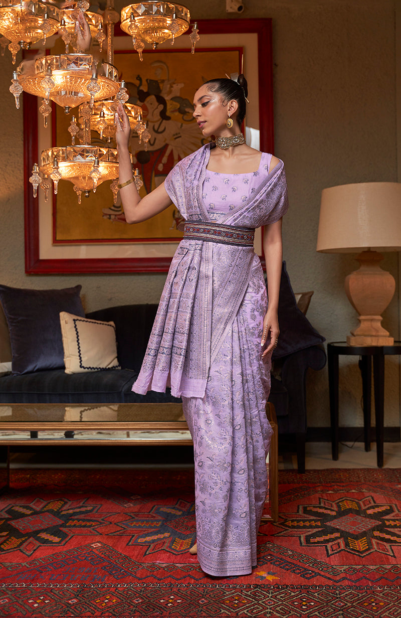 Lavender Traditional Silk Saree with Ethnic Weaving