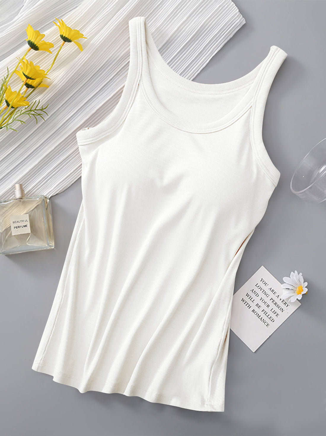 Women's Fitted Round Neck Tank Top with Built-in Bra - Sleeveless