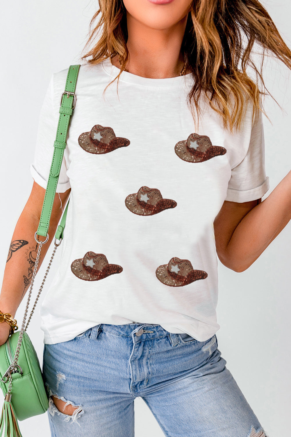 White Short Sleeve T-Shirt with Western Sequin Cowboy Hat Pattern - Image 2