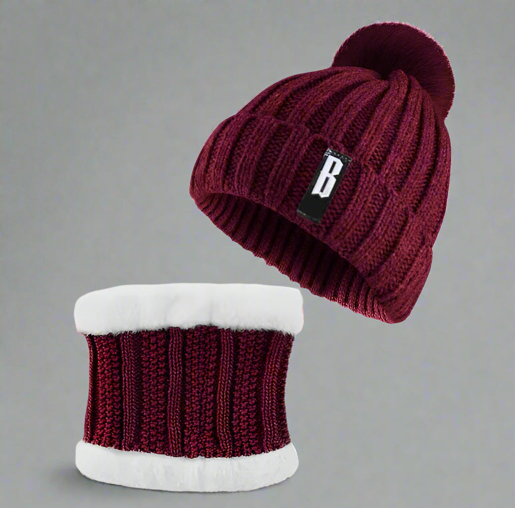 Women's Burgundy Winter Beanie Hat and Scarf Set Fleece Lined - Image 5
