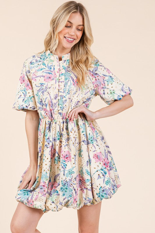 Floral Eyelet Lace Puff Sleeve Mini Shirt Dress