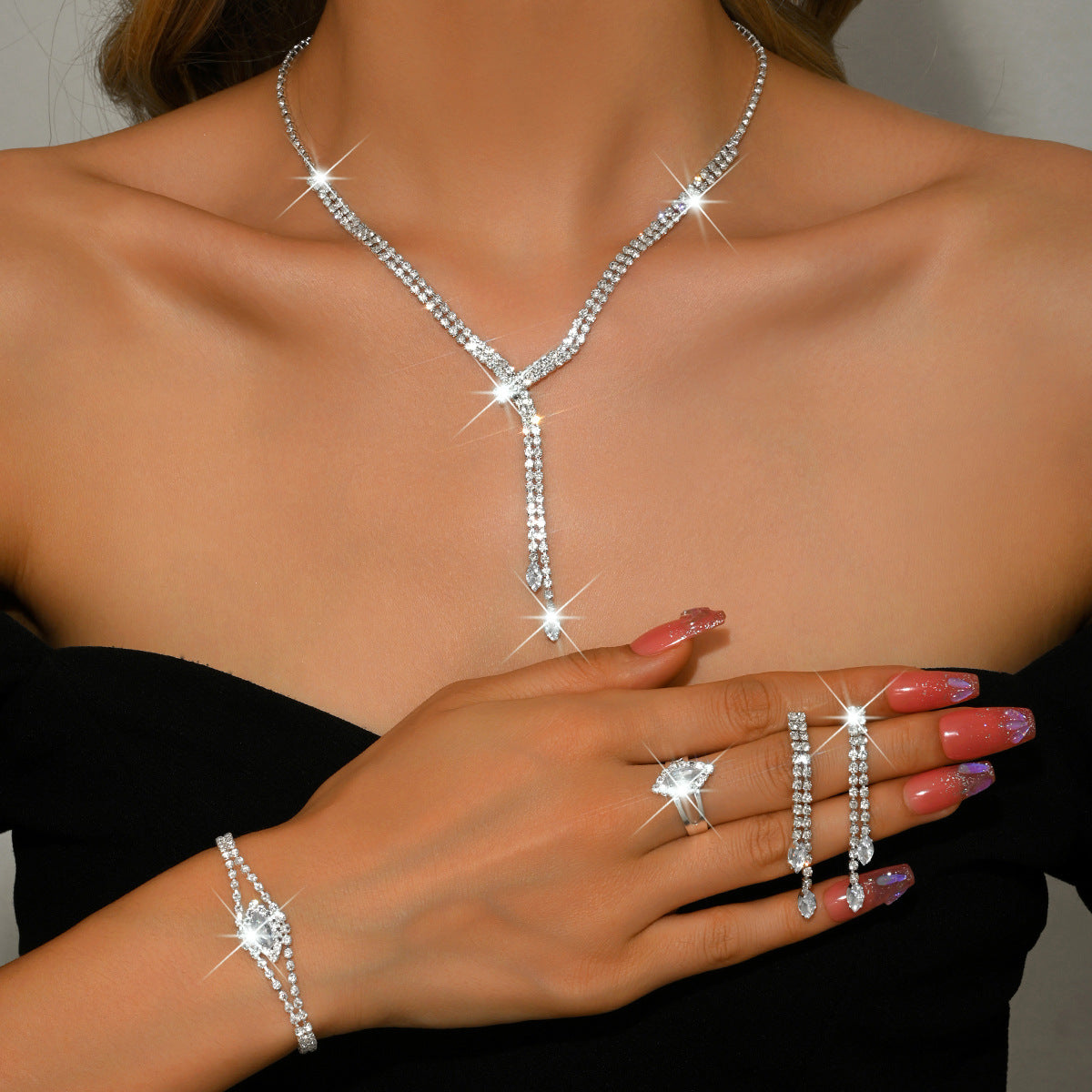 Cross-Border Environmentally Friendly Jewelry New Super Rhinestone Claw Chain Tassel Necklace Earrings Ring Bracelet Bridal Set Light Luxury