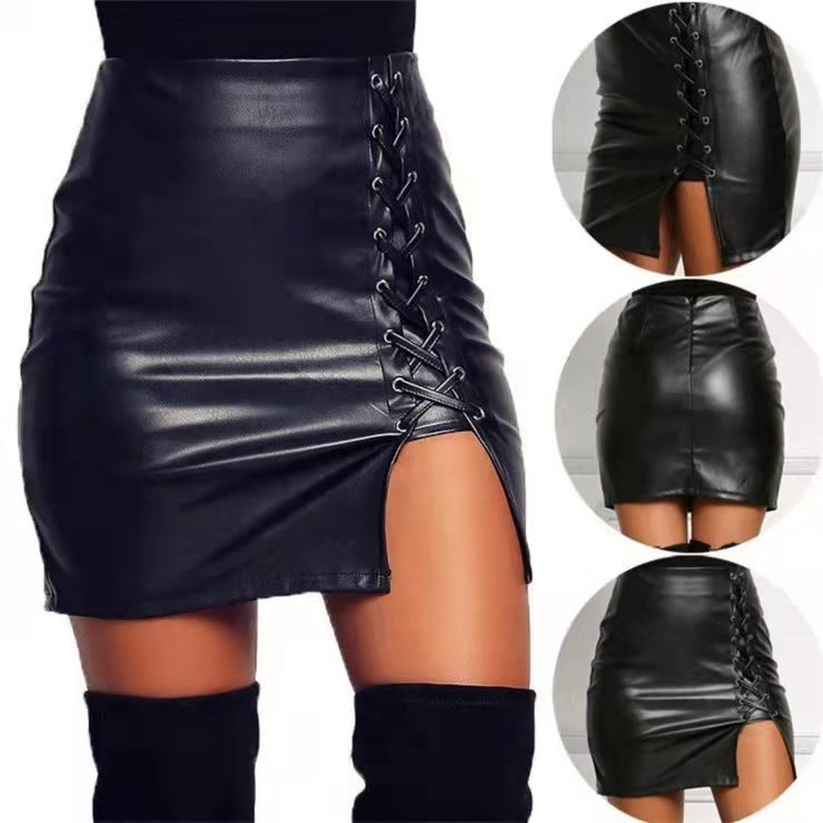 Black High-Waisted Faux Leather Mini Skirt with Lace-Up Slit - Image 2