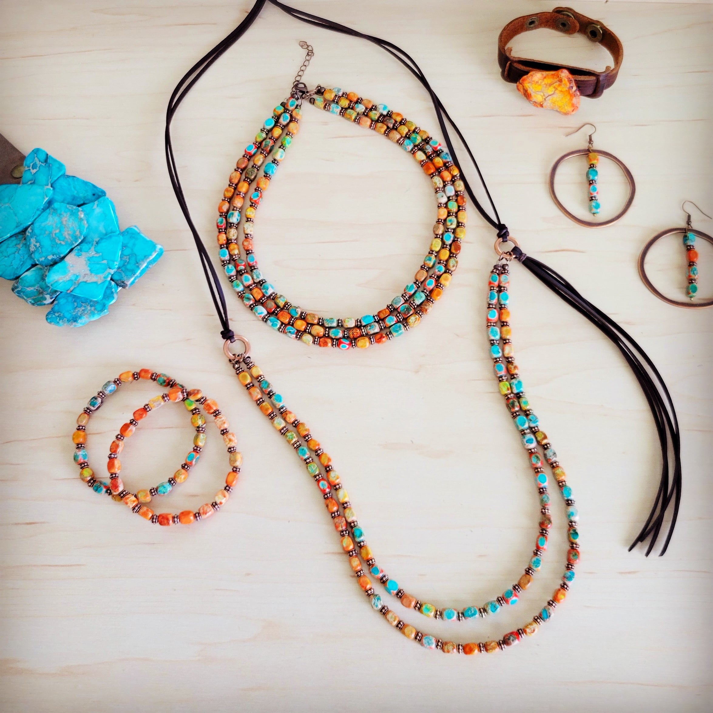 Sunrise Regalite Double Strand Beaded necklace w/ Tassel 264p