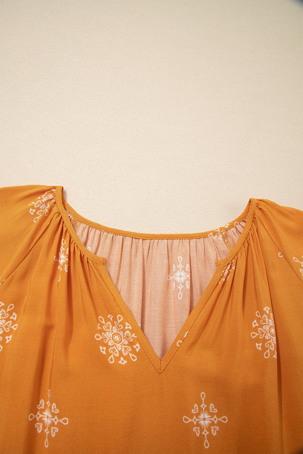 Yellow Boho Floral V-Neck Short Sleeve Top | Viscose