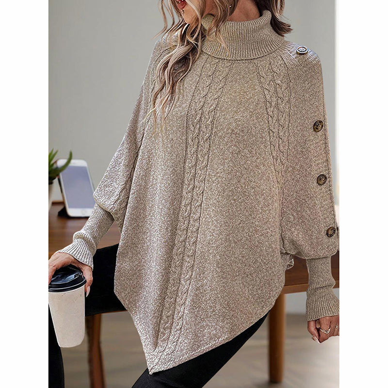 Women's Button Detail Turtleneck Sweater with Asymmetric Hem - Image 7