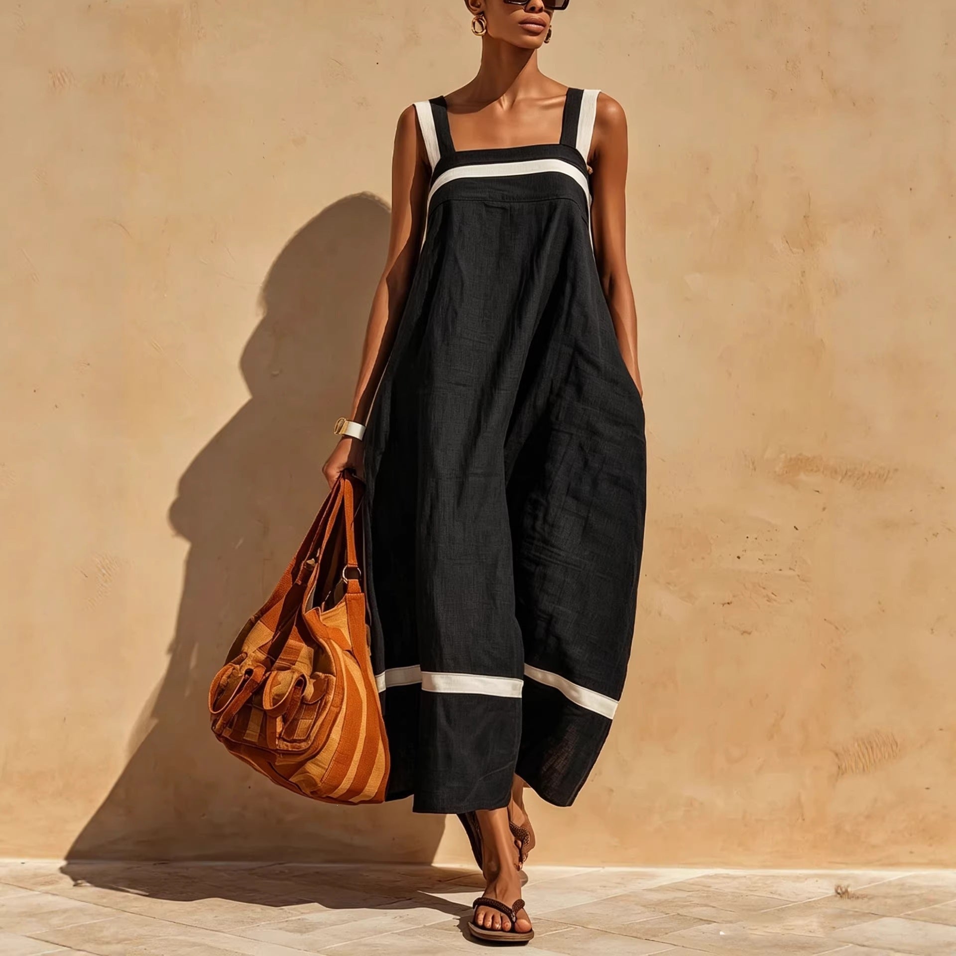 Women's Contrast Strap Midi Dress in Linen Blend - Image 3