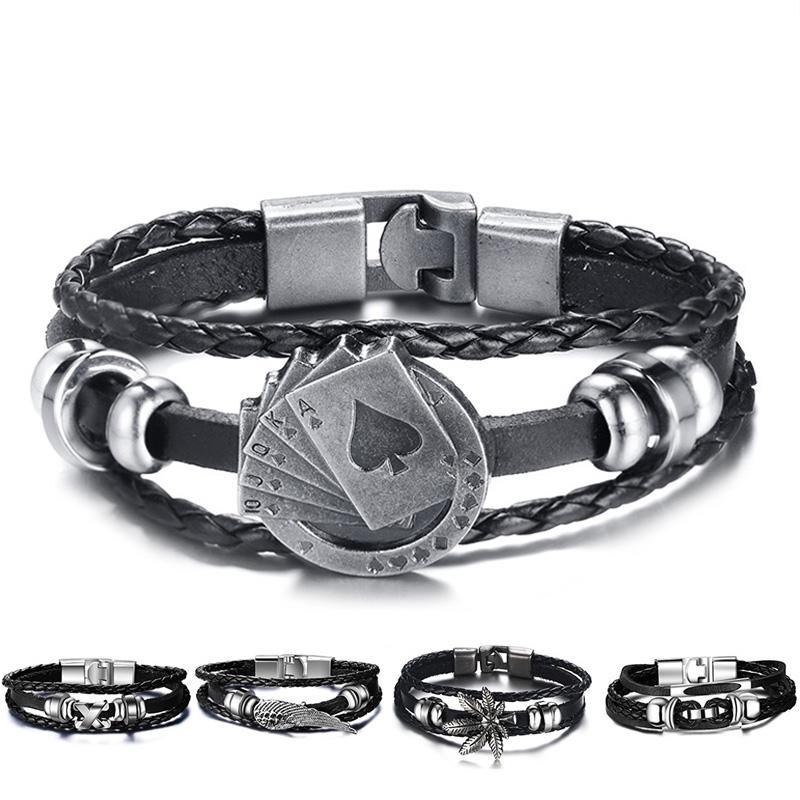 Multilayer black leather bracelet with antique silver playing card charms and magnetic clasp