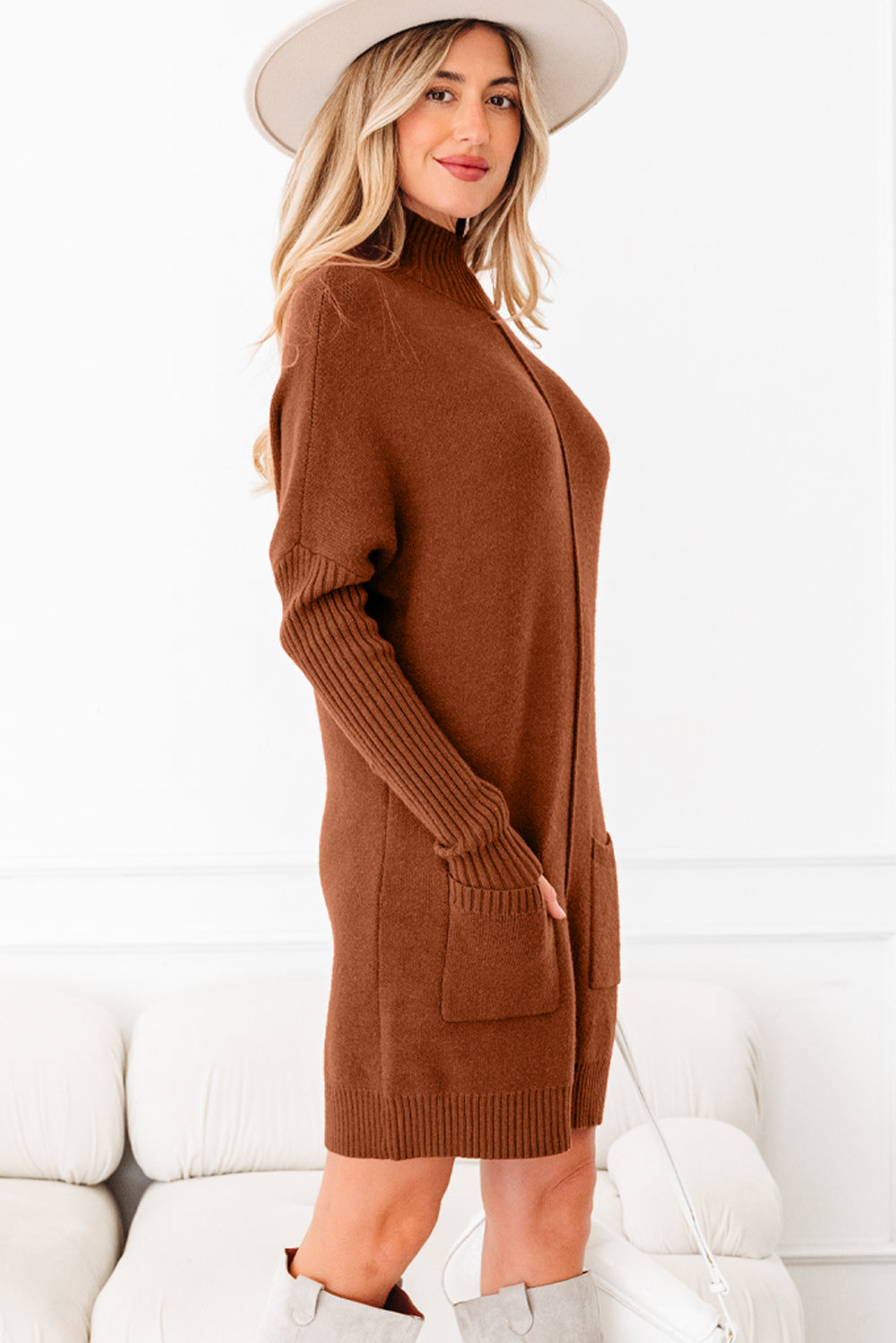 Women's Ribbed Mock Neck Sweater Dress in Brown and Red