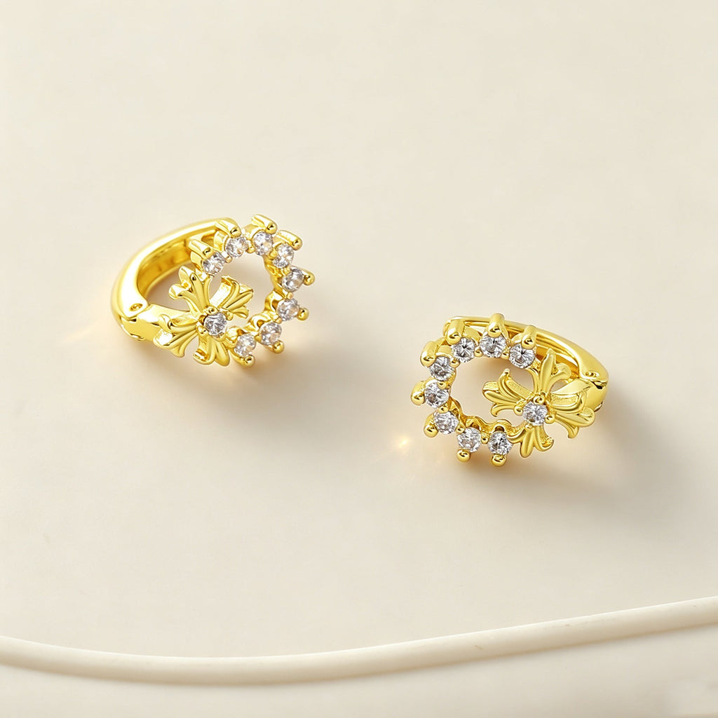 New Real Gold Plated Copper Cross Hoop Earrings Inlaid Rhinestone Light Luxury Premium Feel Jewelry Wholesale For Women