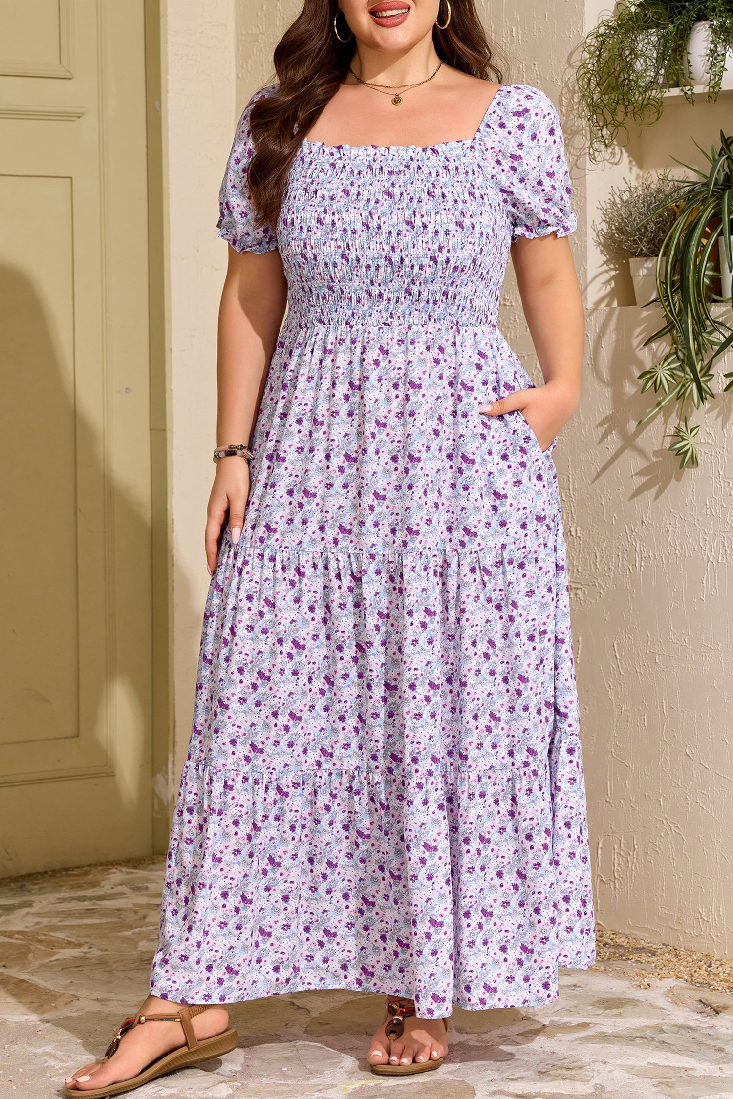 Kelsey Square Smocked Maxi Dress with Puff Sleeves and Floral Print