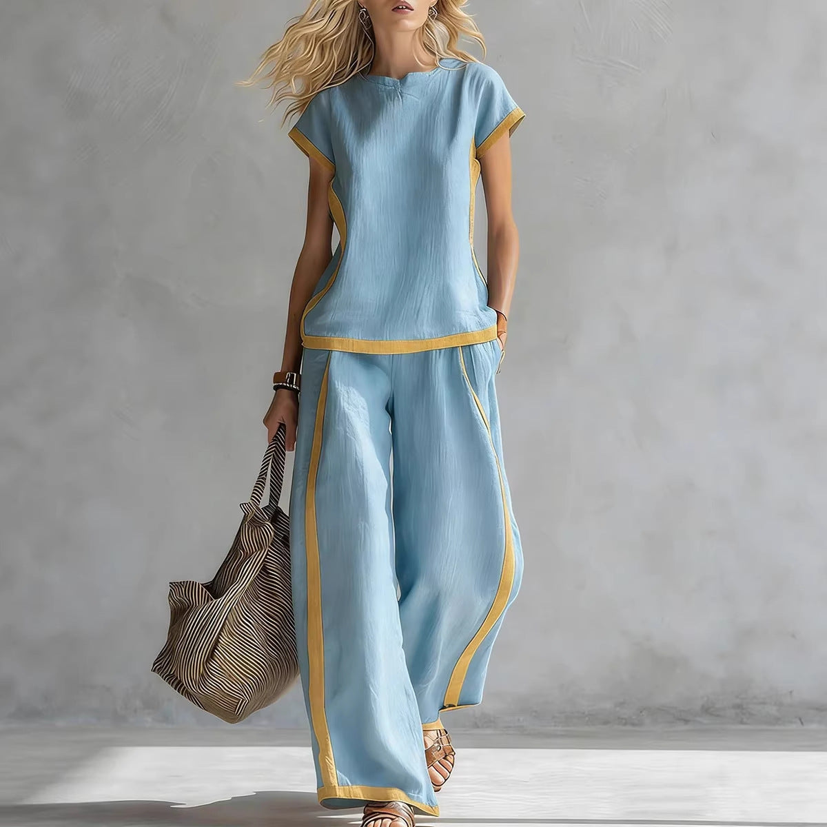 Solid Color Shirt & Wide-Leg Trousers Two-Piece Set