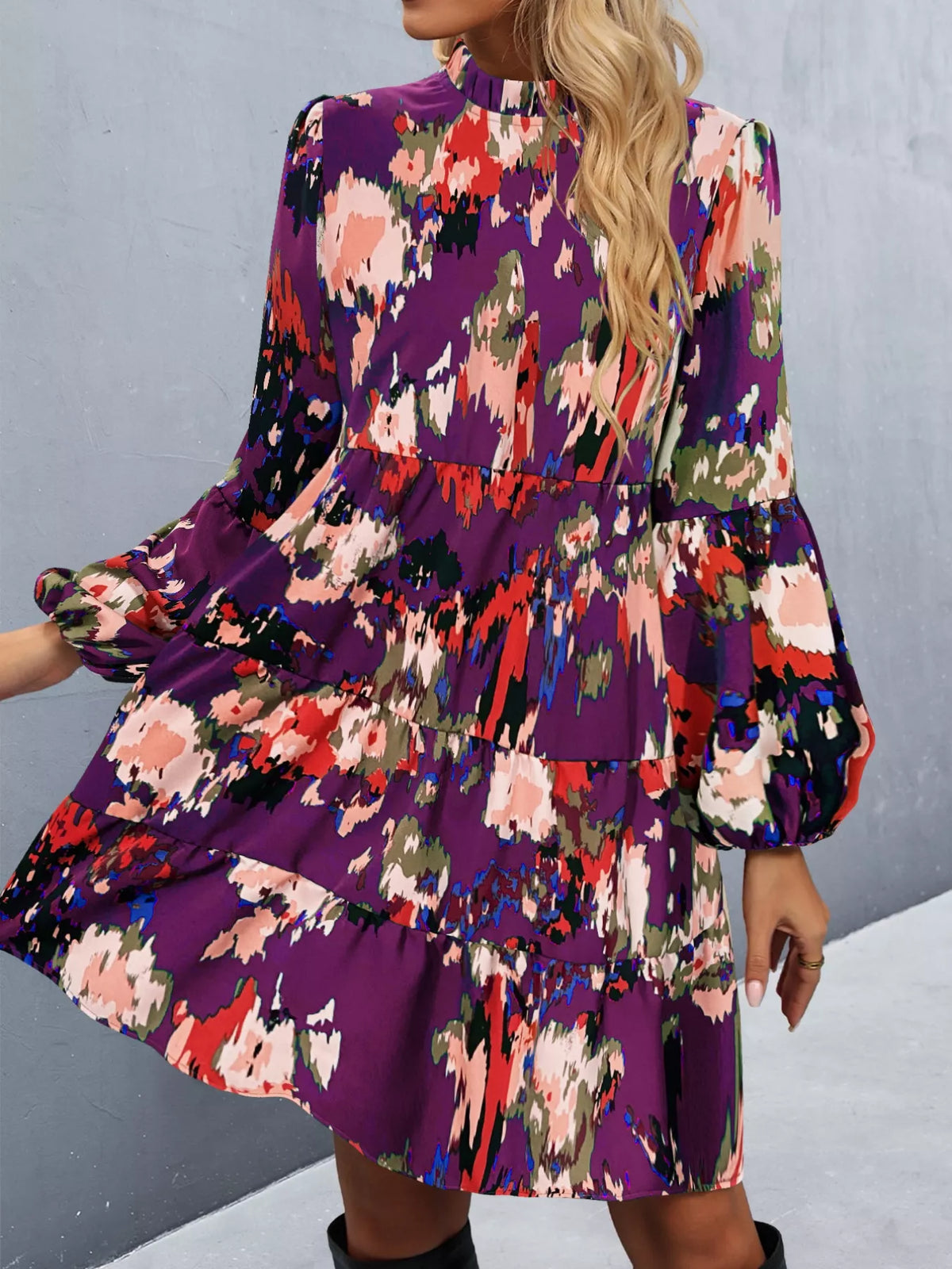 Printed Balloon Sleeve Mini Dress