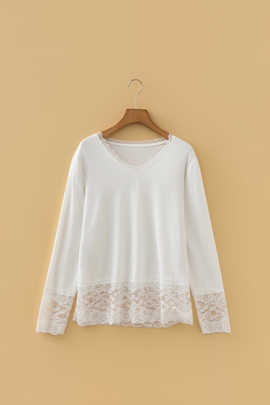 White Lace Trim V Neck Cuffed Long Sleeve Loose Top