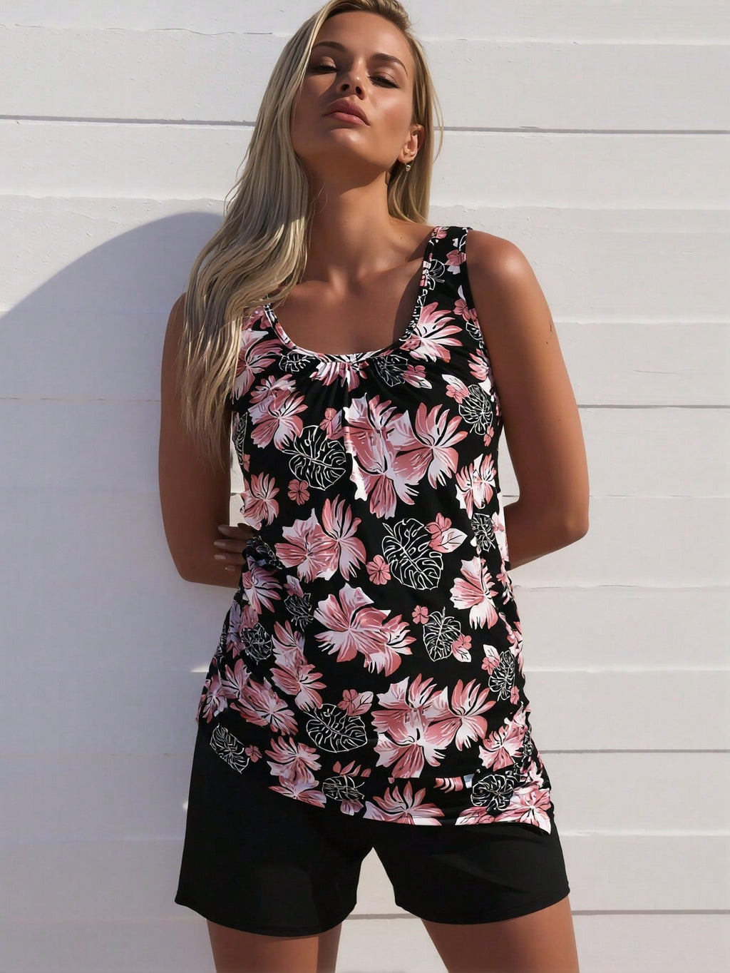 Black Tropical Floral Loose Tankini and Boyshort Swimwear Set