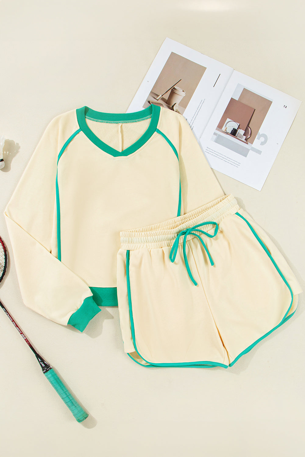 Yellow Long Sleeve Pullover and Drawstring Shorts Lounge Set