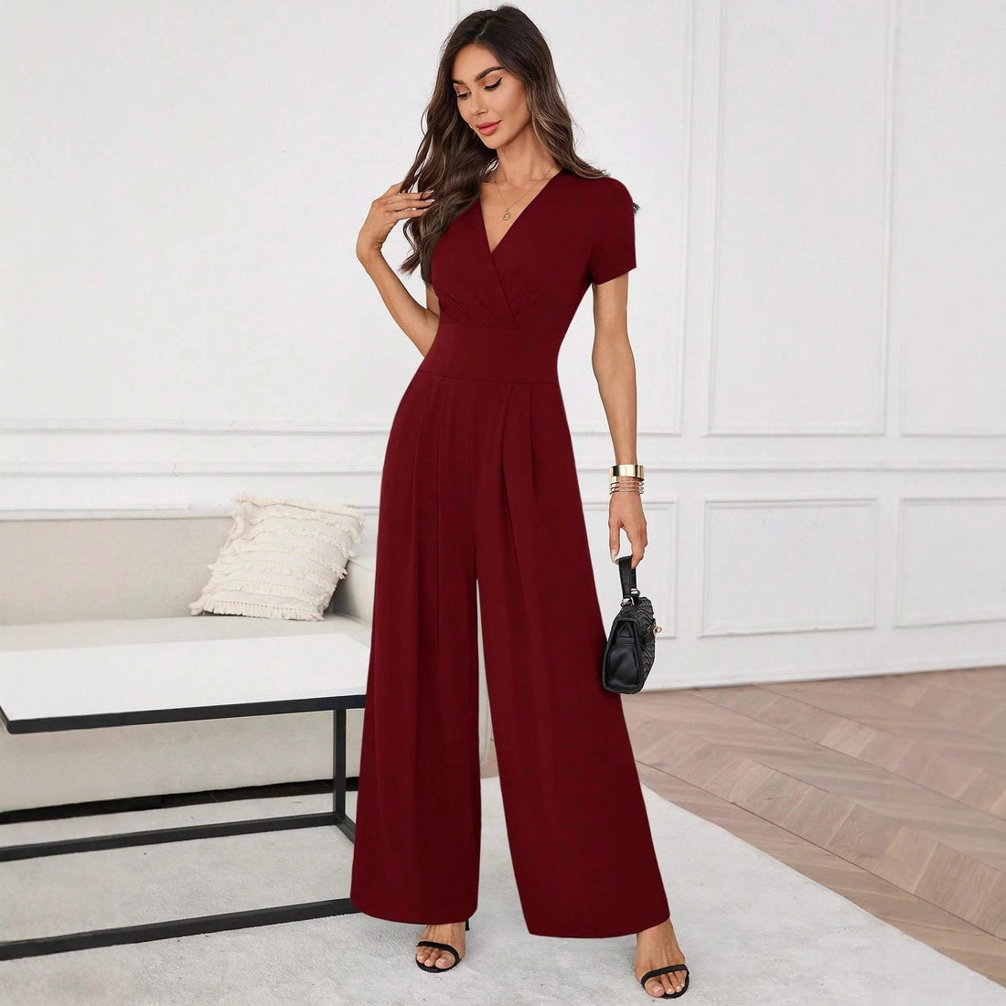 Three-Quarter Sleeve Pleated Wide-Leg Jumpsuit | 2 Colors S–XL
