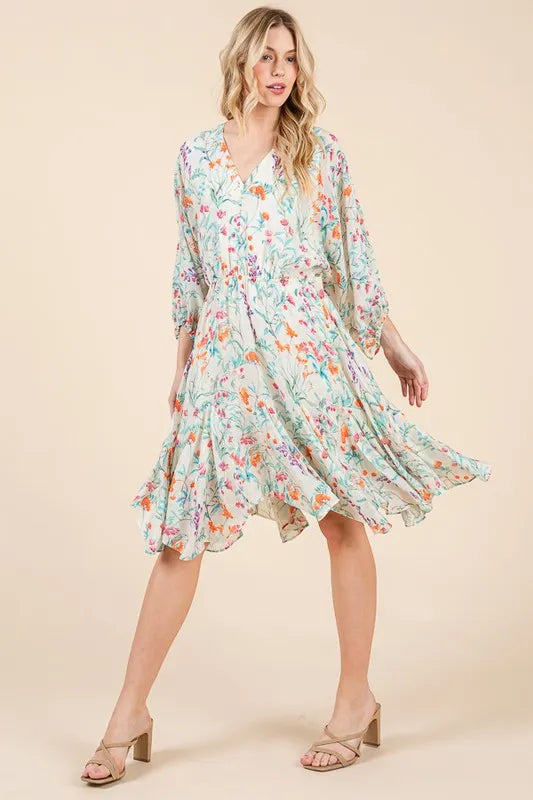 Lime 'N' Chili Floral Cinched Waist Balloon Sleeve V-Neck Dress