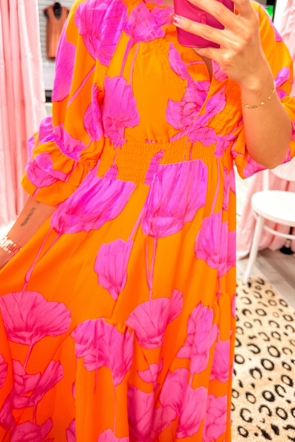 Orange Floral Print Frill Smocked V Neck 3/4 Sleeve Maxi Dress