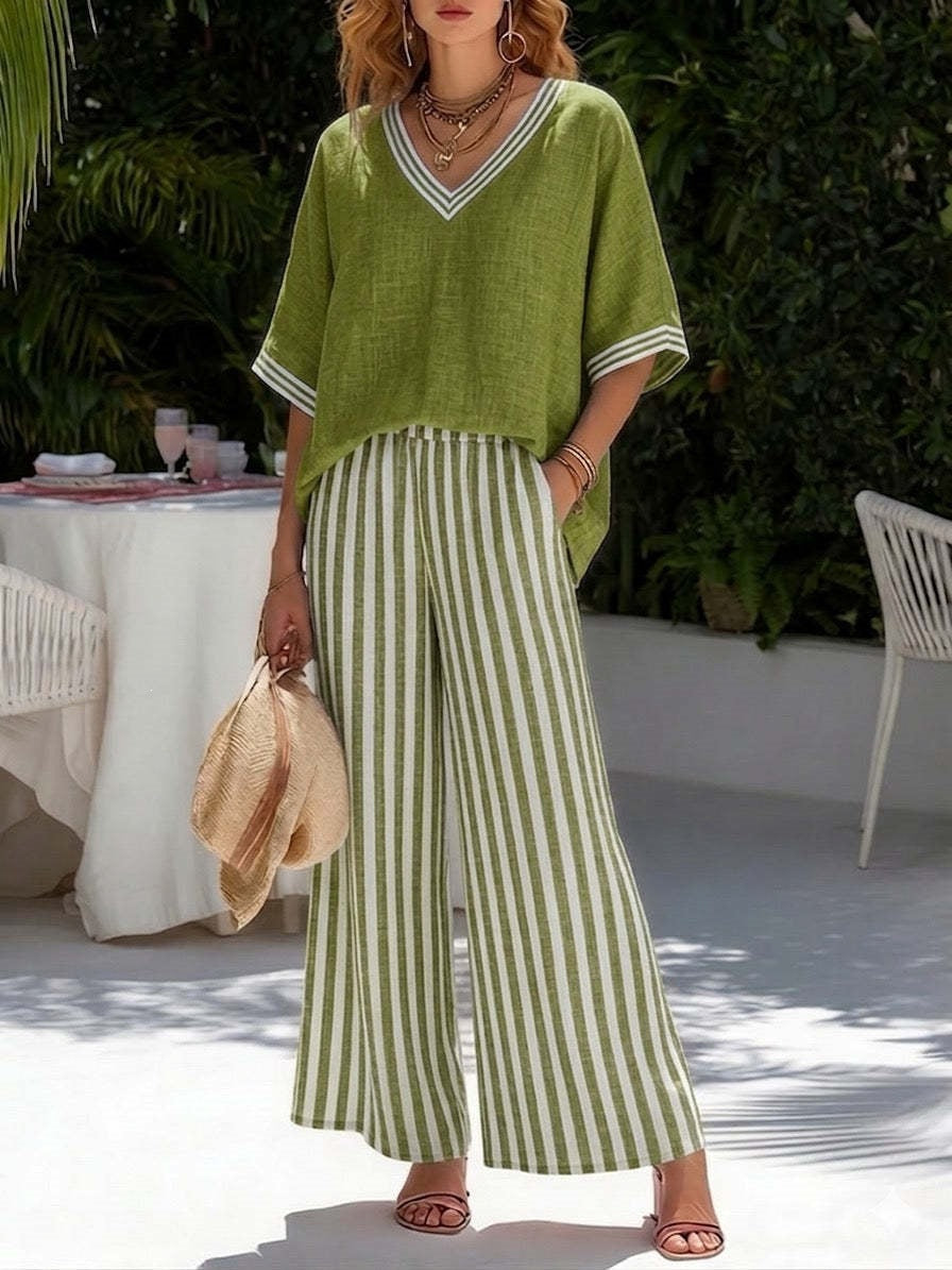 Women V-Neck Tunic Top and Wide Leg Striped Trouser Set - Image 9