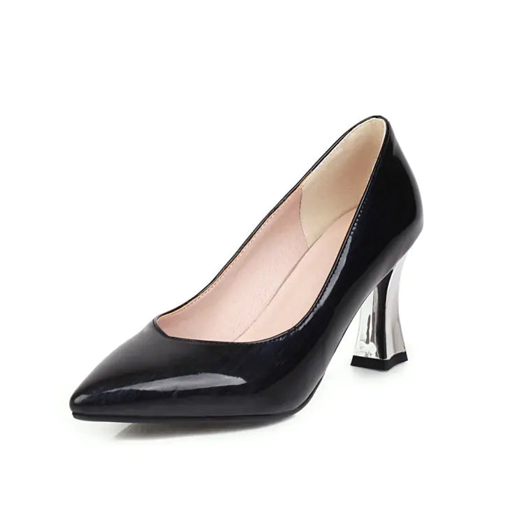 Women's Pointed Toe Patent Heels with Metallic Sculpted Heel