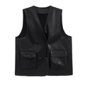 Women Coffee Color Leather Vest Oversized Loose Fit V-Collar - Image 7