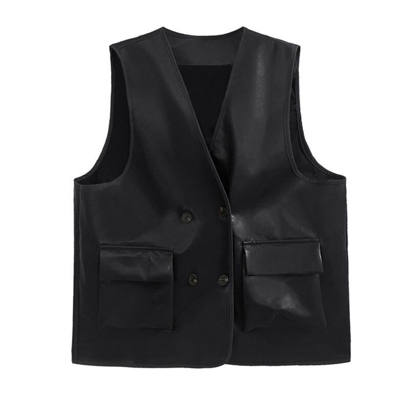 Women Coffee Color Leather Vest Oversized Loose Fit V-Collar - Image 7
