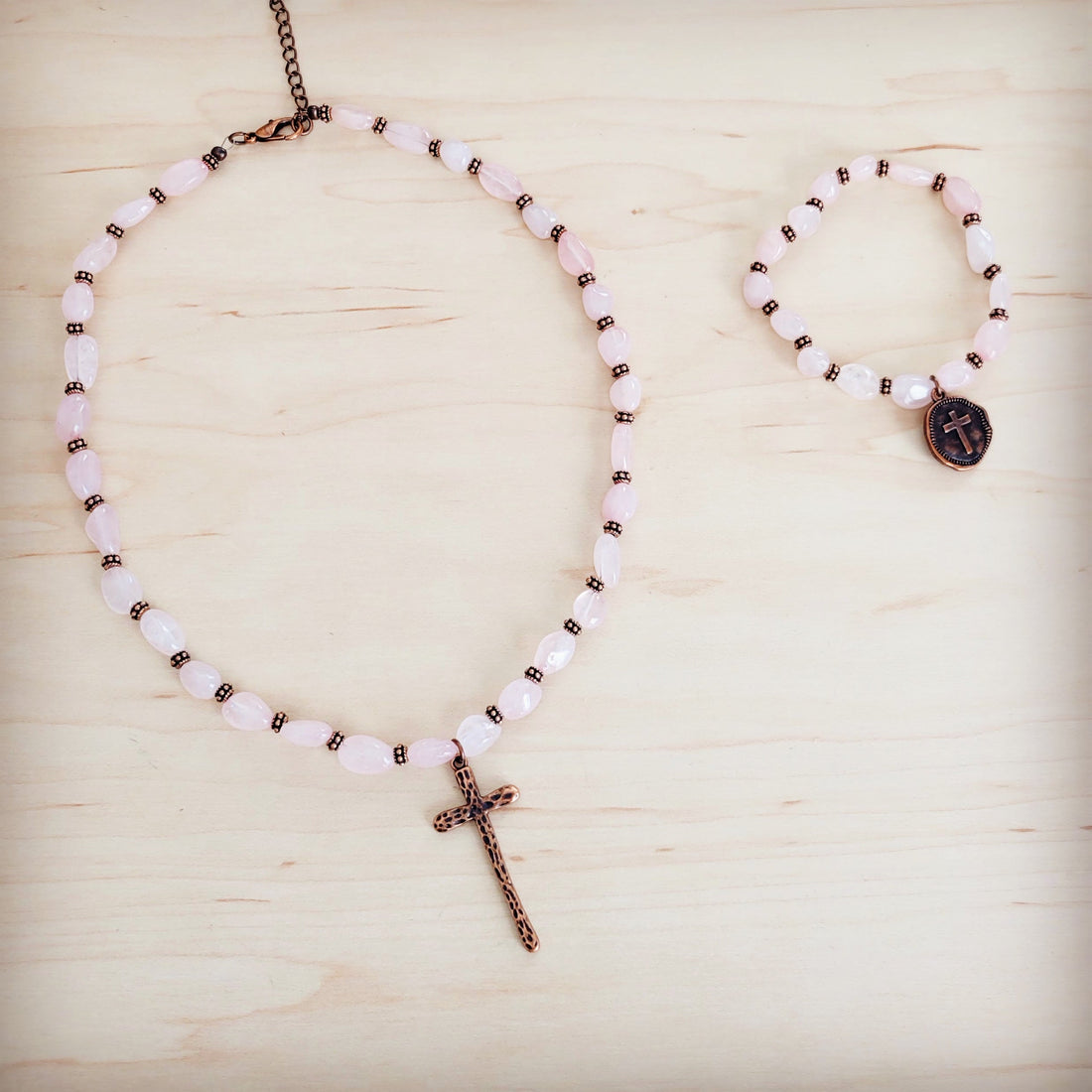 **Rose Quartz Collar Necklace w/ Copper Cross Pendant 263i