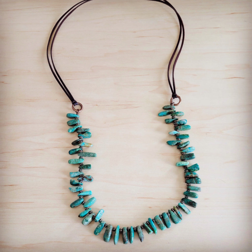Natural Turquoise Stacked Stone Necklace with Brown Leather Tie - Image 2