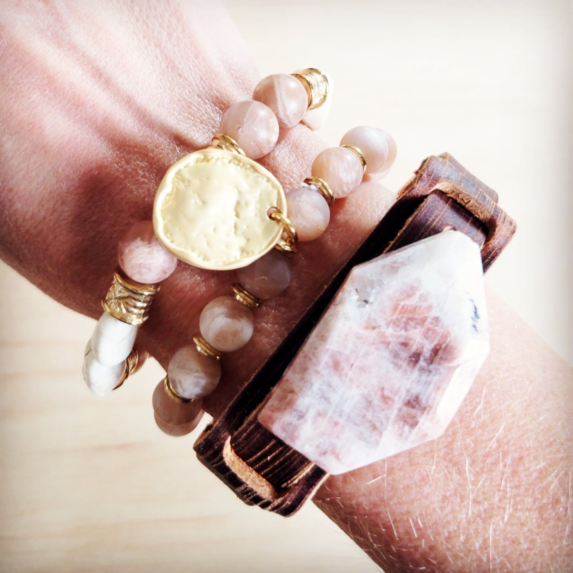 Frosted Sunstone Stretch Bracelet with Matte Gold Charm - Image 5