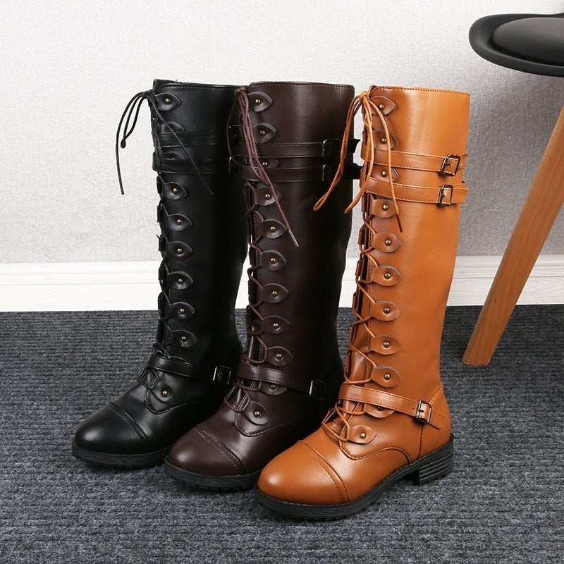 Women's Harajuku Style Knee-High Lace-Up Knight Boots - Image 8