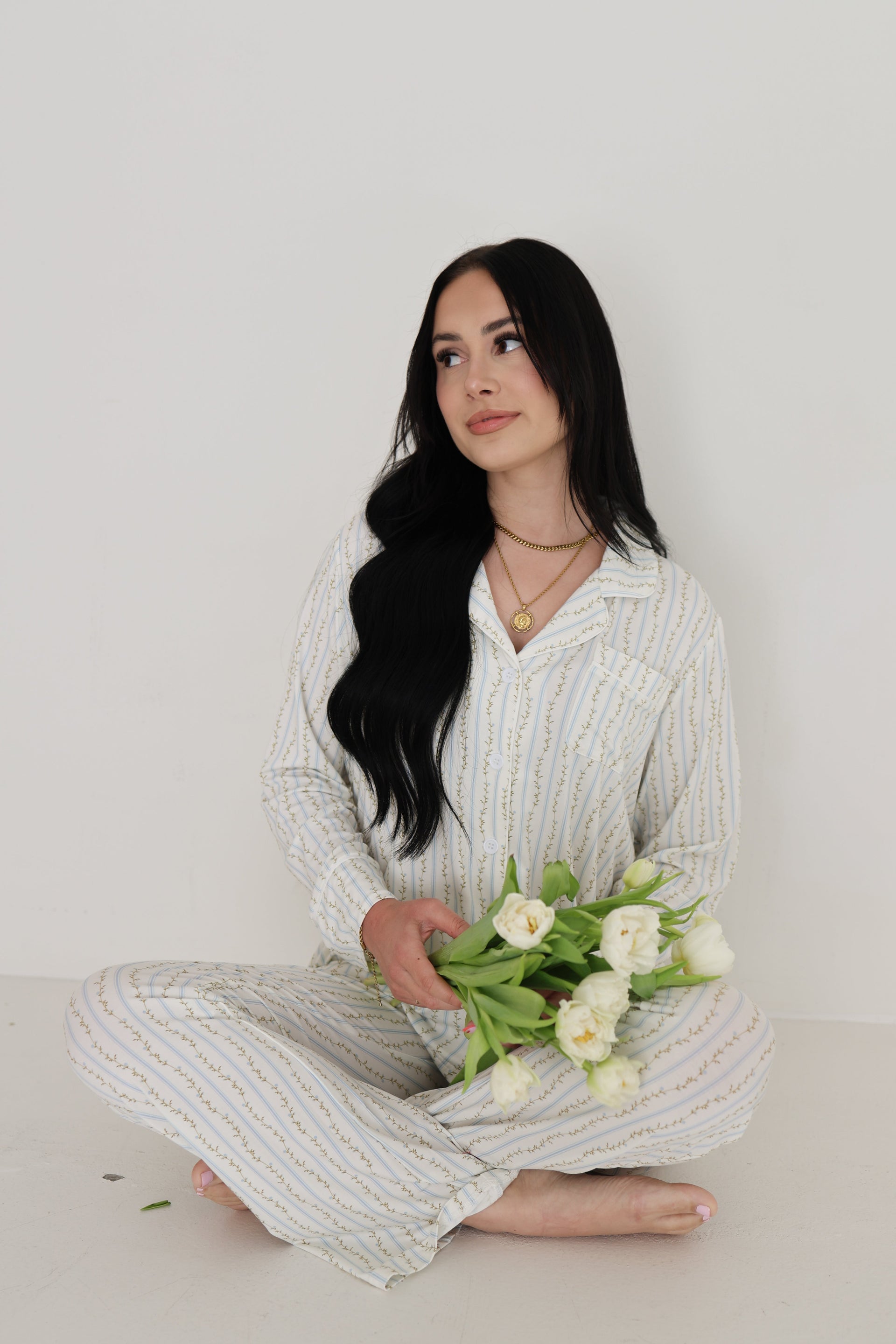 Women's Bamboo Button Up Lounge Set in Dainty Vines Print