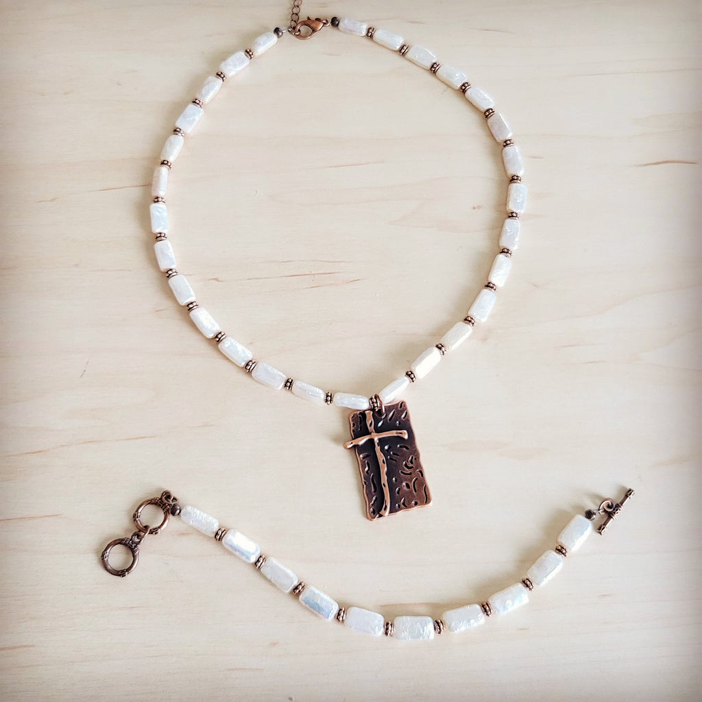 Rectangle Freshwater Pearl & Copper Necklace w/ Antique Cross Pendant 264a