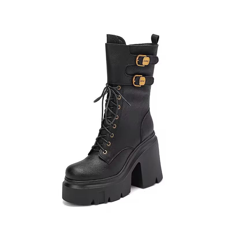 Women's Chunky Platform Combat Boots with Lace-Up & Buckles - Image 2