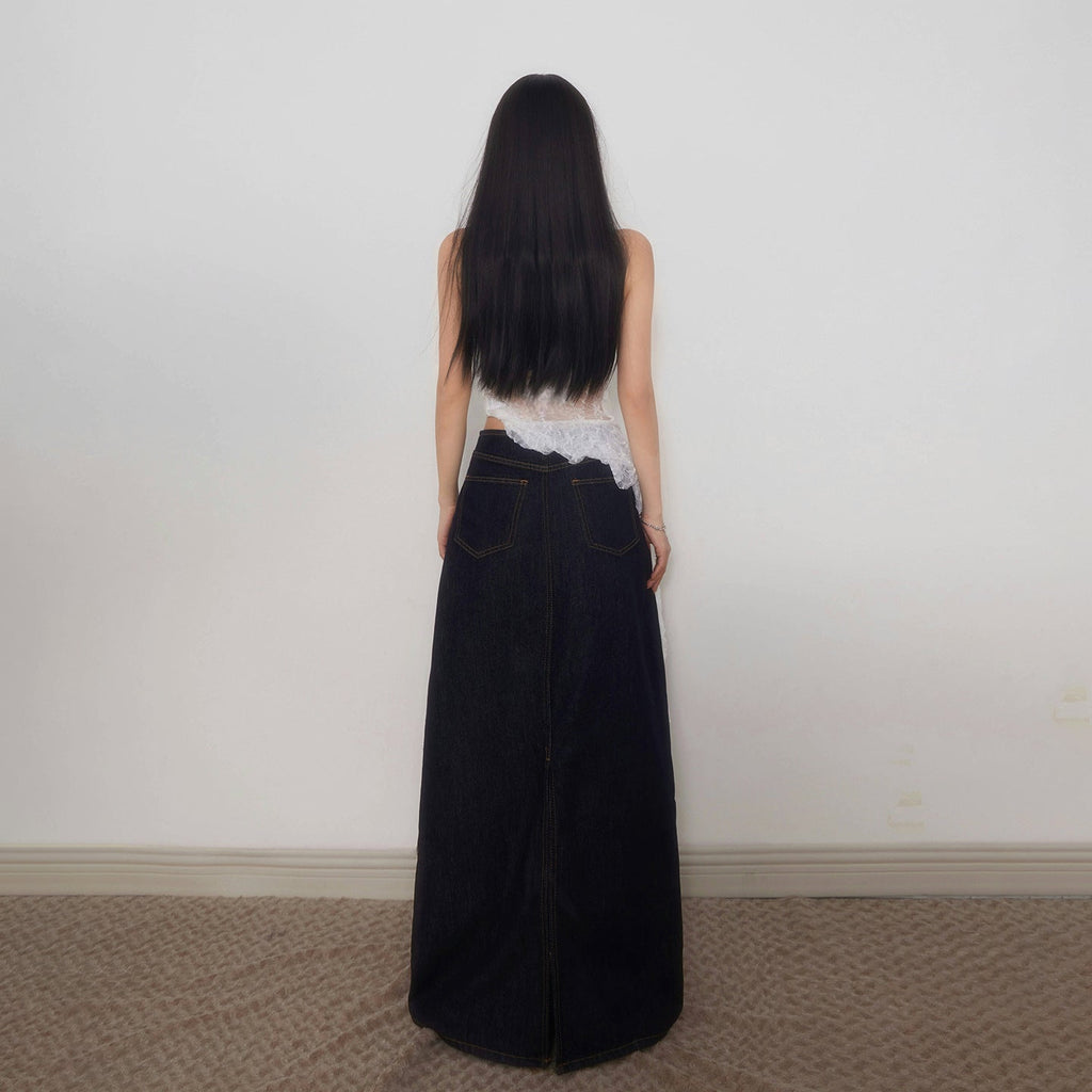 Women's High-Waisted Denim Maxi Skirt Dark Wash Slim Fit Long - Image 5