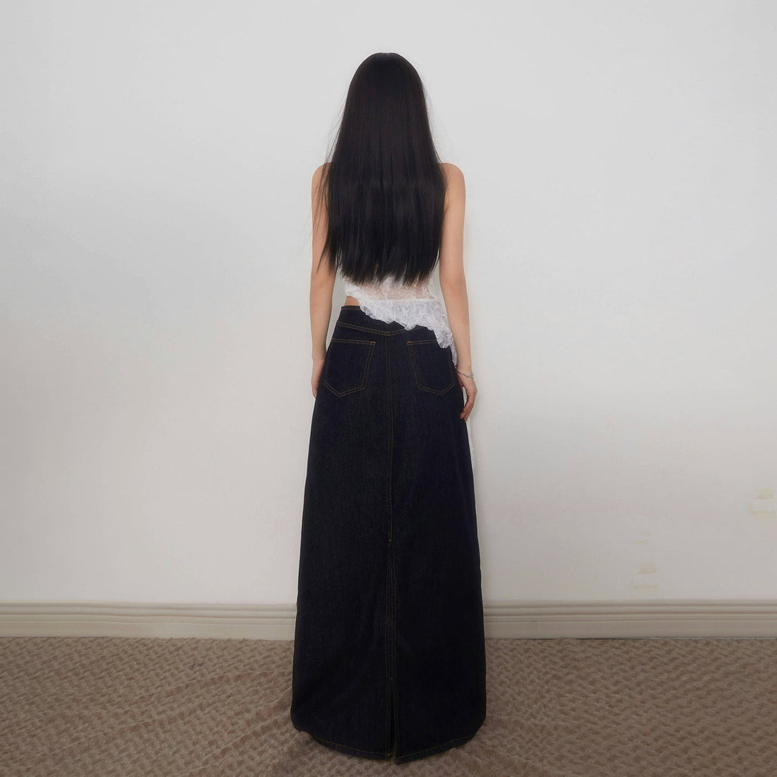 Women's High-Waisted Denim Maxi Skirt Dark Wash Slim Fit Long - Image 5