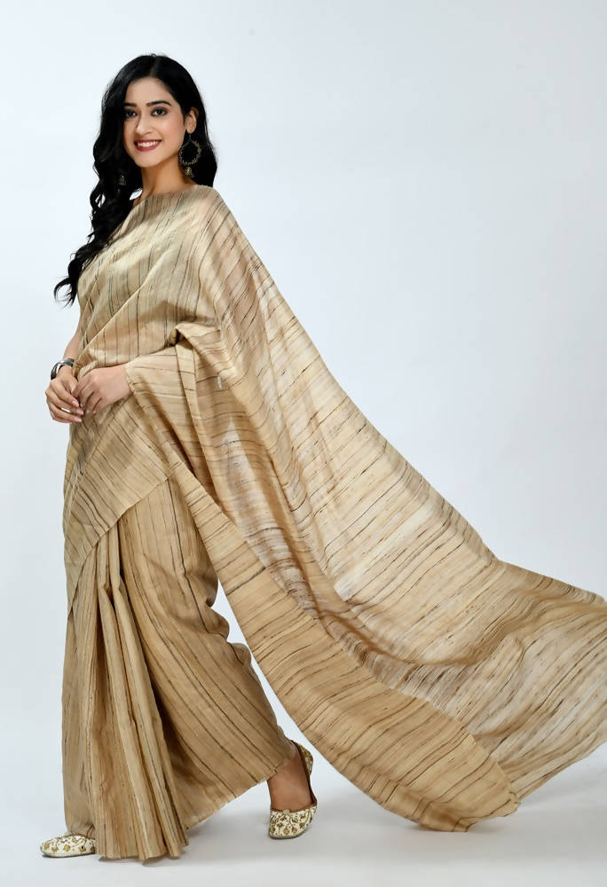Golden Tussar Silk Saree with Brown Striped Pattern Ethnic Wear