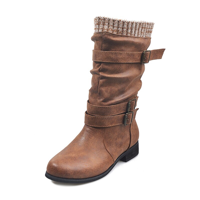 Women's Retro Chunky Heel Mid-Calf Boots with Buckles & Knit Cuff - Image 5
