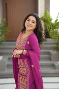 Magenta silk kurta set with intricate sequins, zari, and thread embroidery work