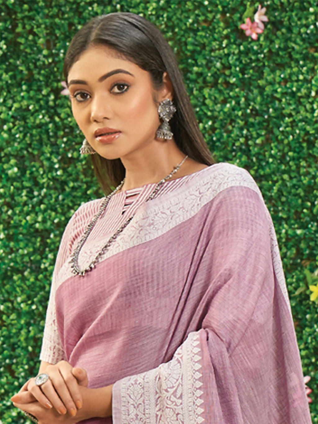 Onion Pink Linen Saree with Matching Blouse