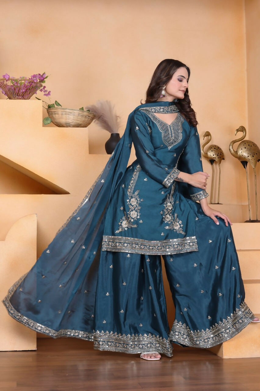 Teal Crepe Embroidered Sharara Set - Festive Kurti Outfit