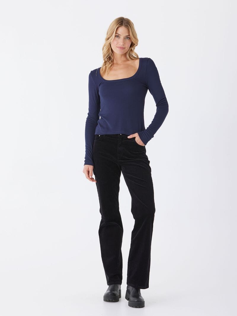 Yvette Feather Rib Long Sleeve Square Neck Top in Navy Blue